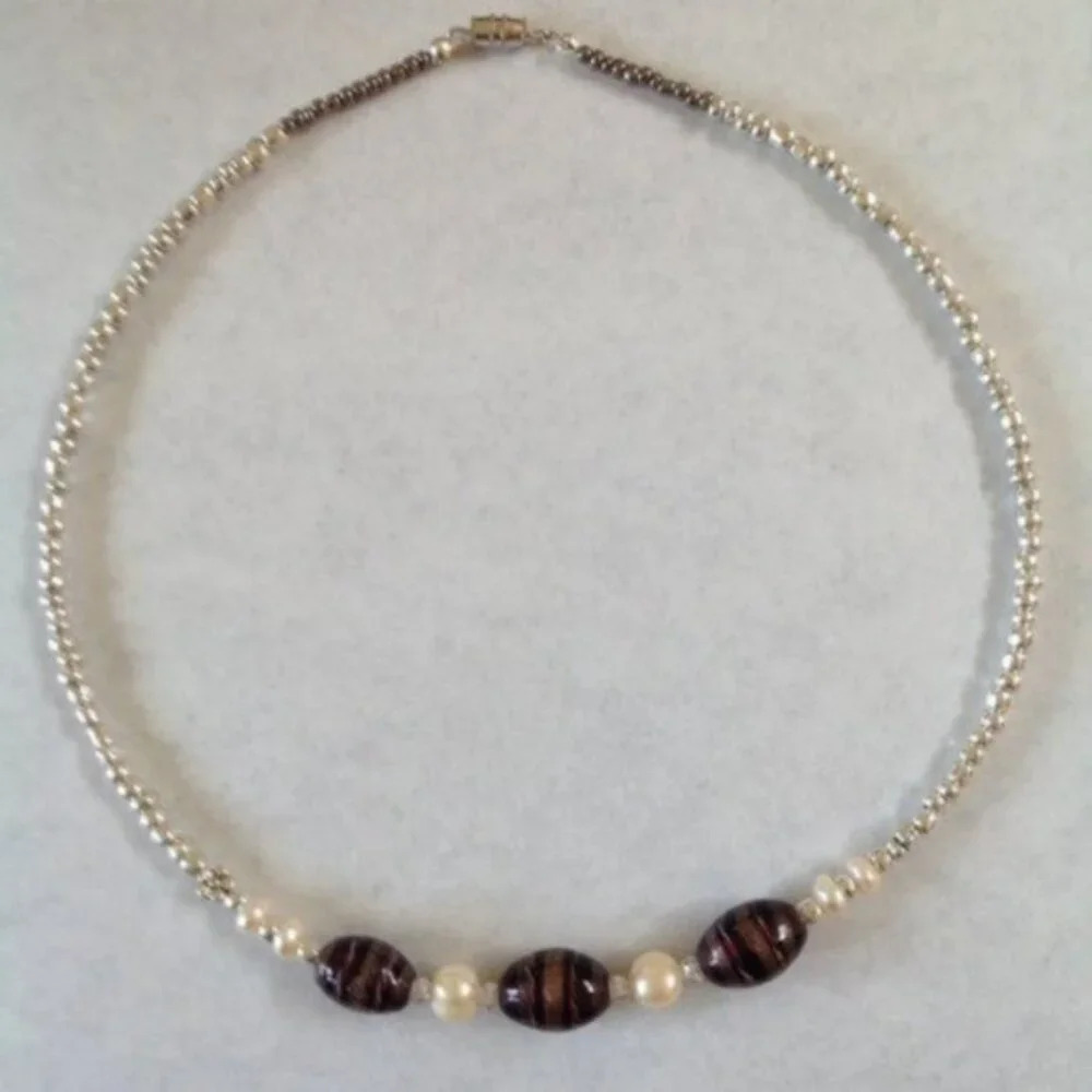 Handcrafted Glass Beads Floral Pearl Necklace‎ One of Kind Choker Necklace Shiny